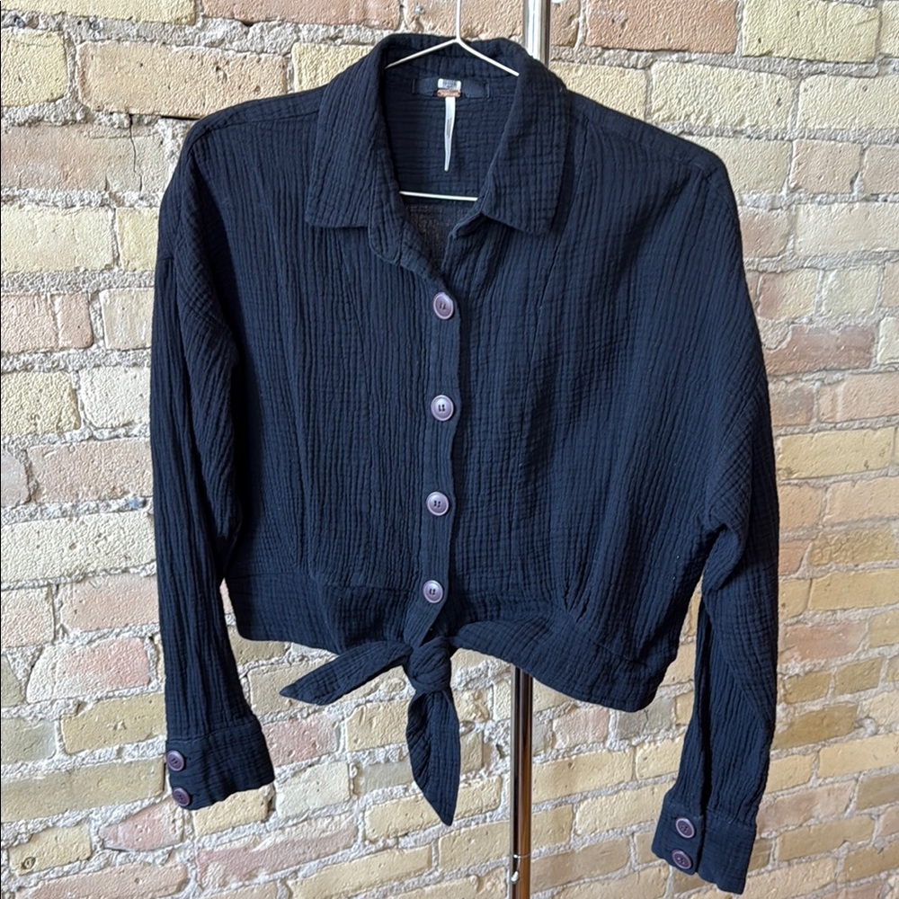 Free People Black Long Sleeve Buttoned Blouse